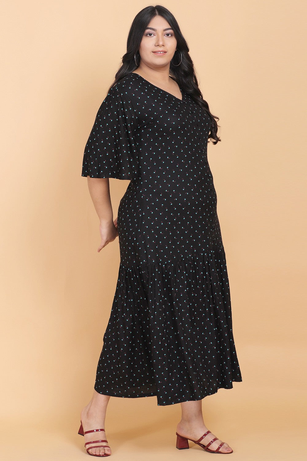 Flared Printed Black Maxi Dress