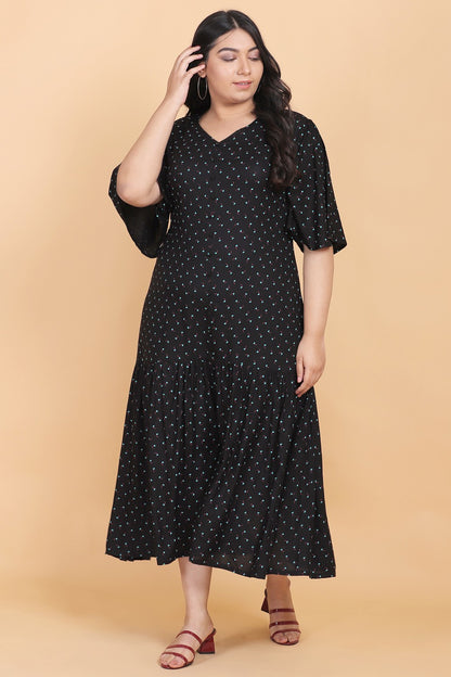 Flared Printed Black Maxi Dress