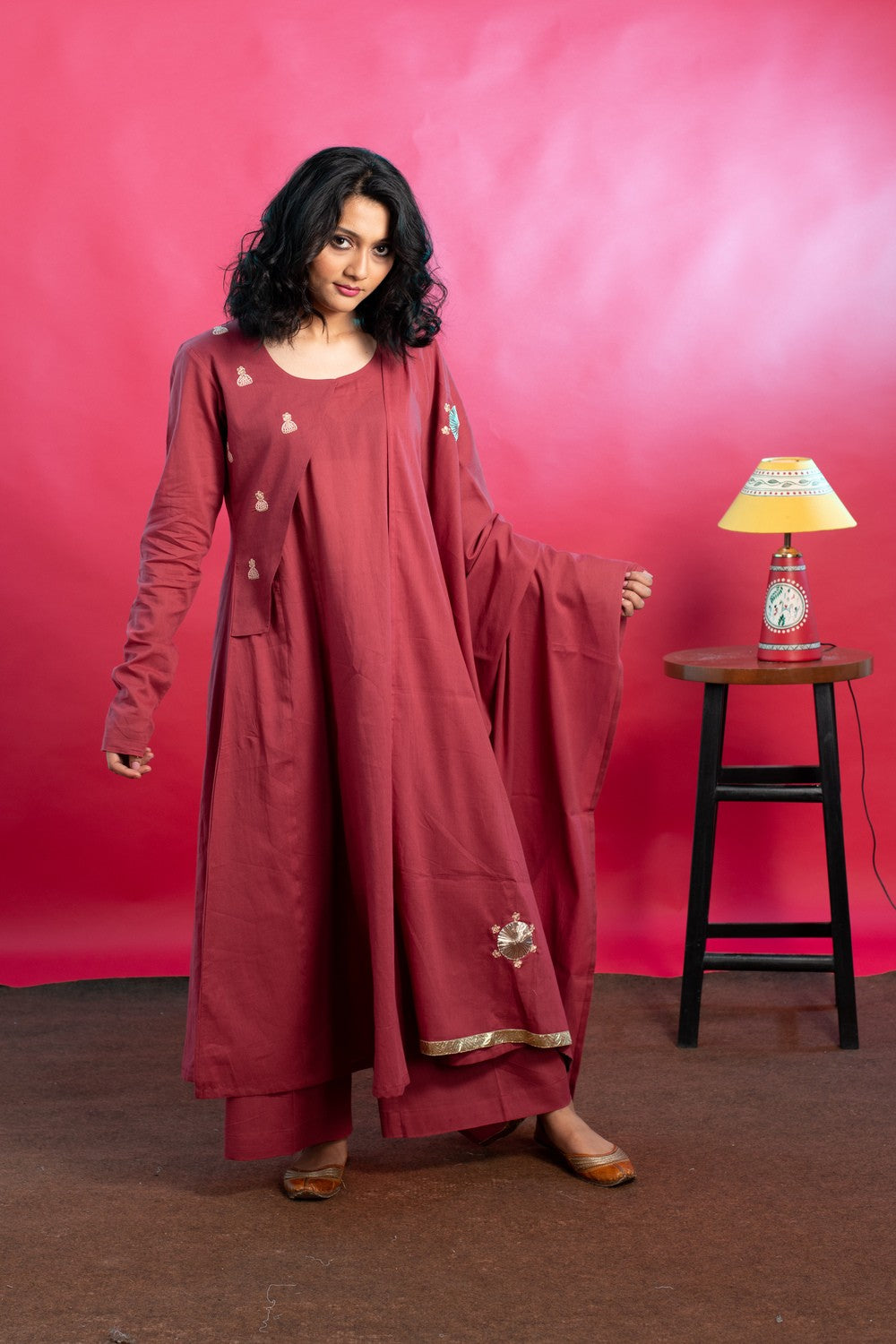 Maroon Flared Hand Embroidered Suit Set