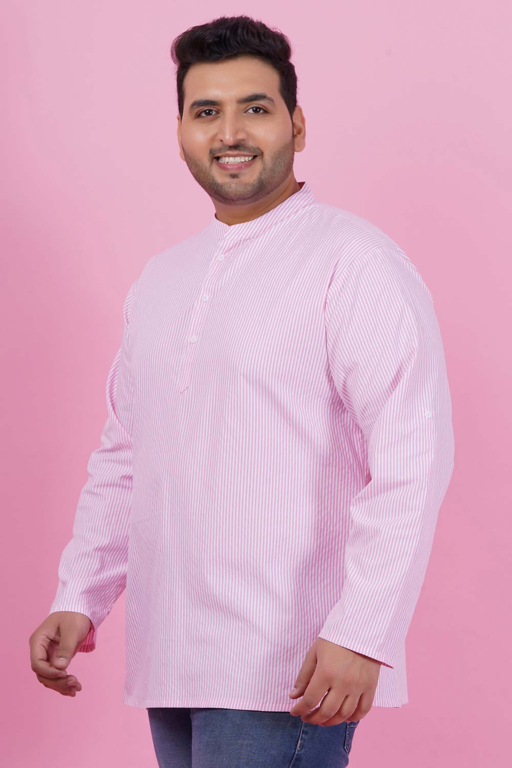 Men Pink Stripes Short Kurta