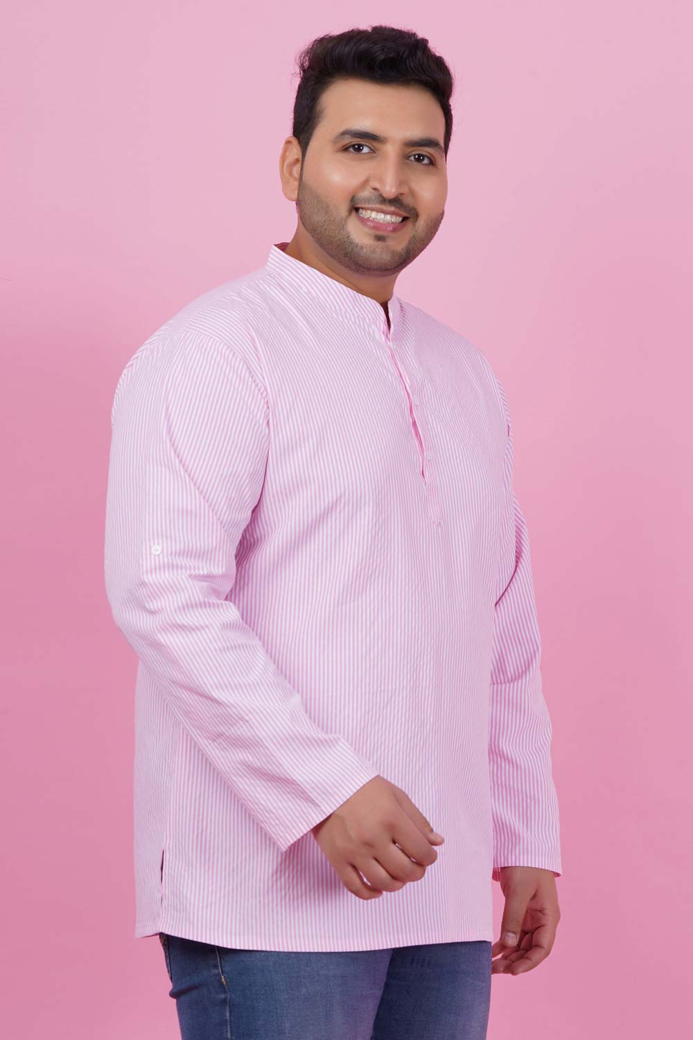 Men Pink Stripes Short Kurta