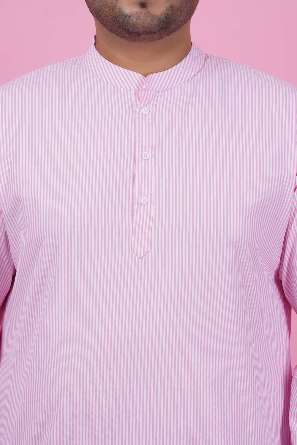 Men Pink Stripes Short Kurta