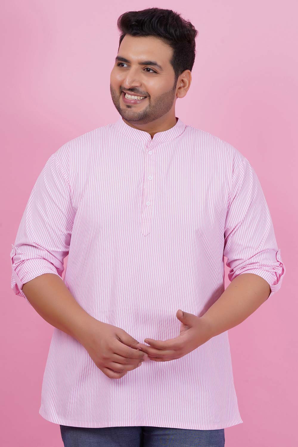 Men Pink Stripes Short Kurta