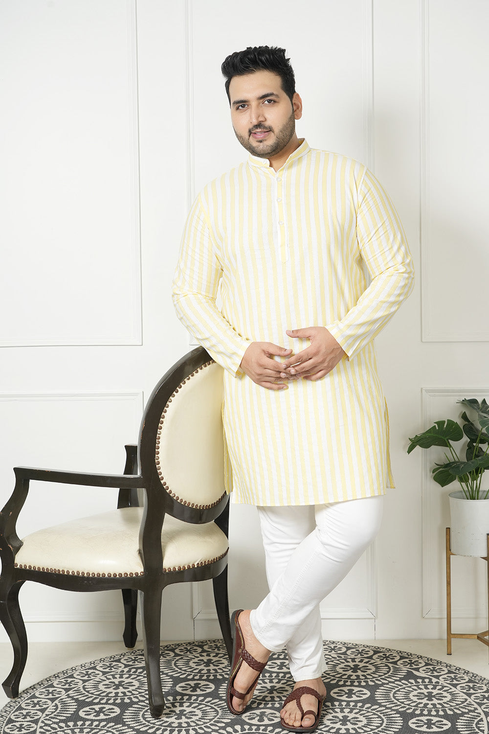 Plus Size Classic Yellow Stripes Cotton Straight Men Kurta