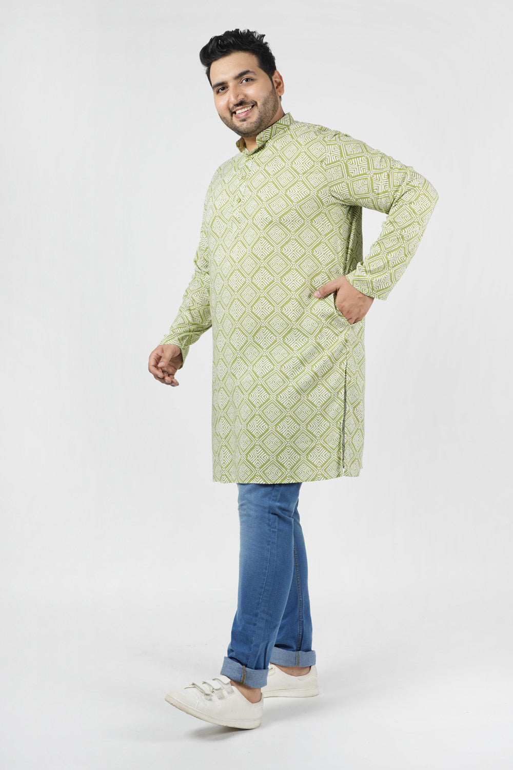 Fern Green Printed Long Kurta For Men