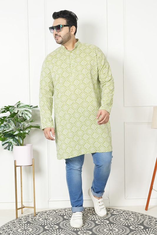 Plus Size Fern Green Printed Long Kurta For Men | LASTINCH