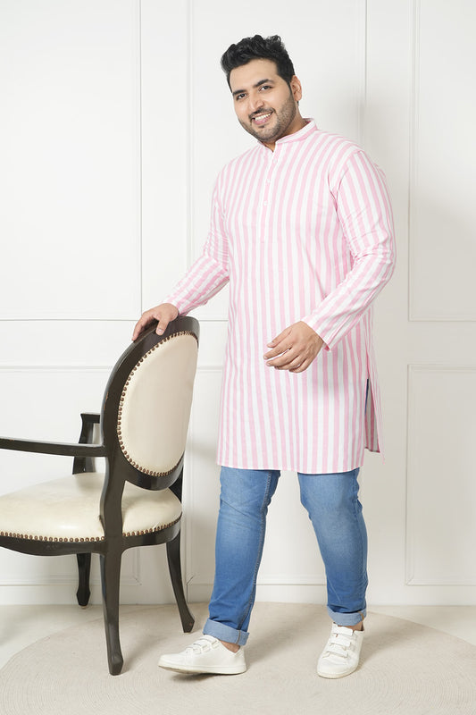 Plus Size Light Pink Stripes Cotton Straight Men Kurta