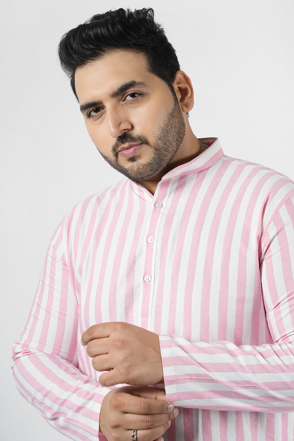 Light Pink Stripes Cotton Straight Men Kurta