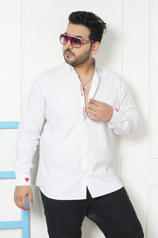 Plus Size Love You Embroidered White Casual Men Shirt | LASTINCH