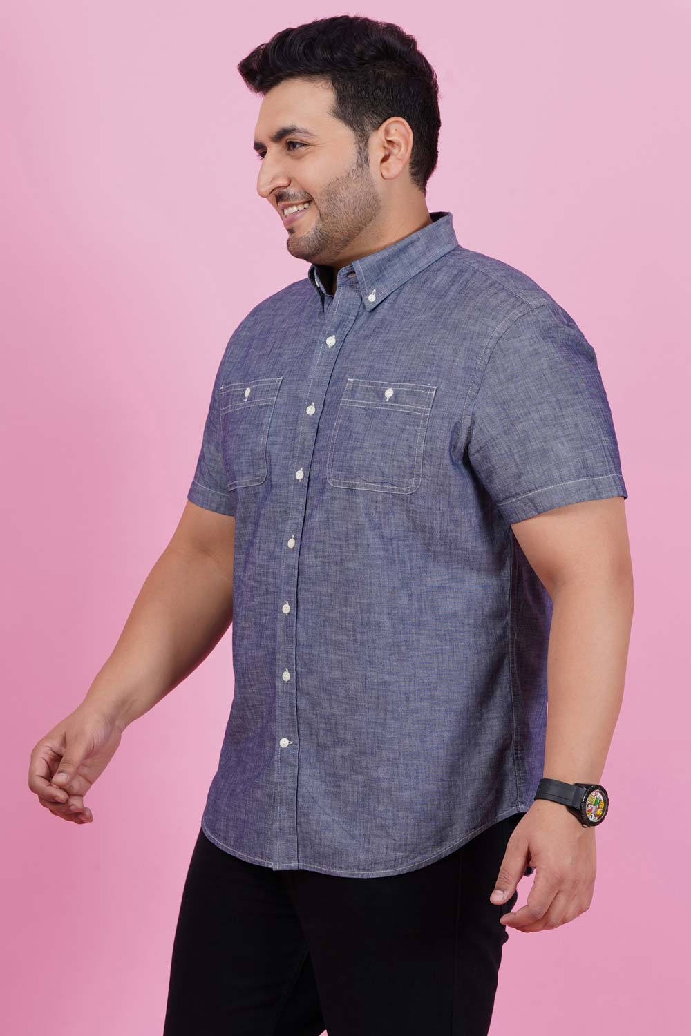 Men Navy Blue Half Sleeve Shirt