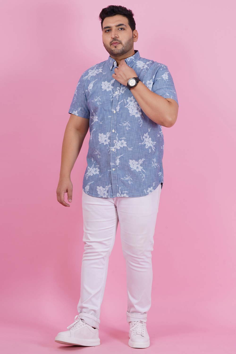 Men Denim Floral Print Half Sleeve Shirt