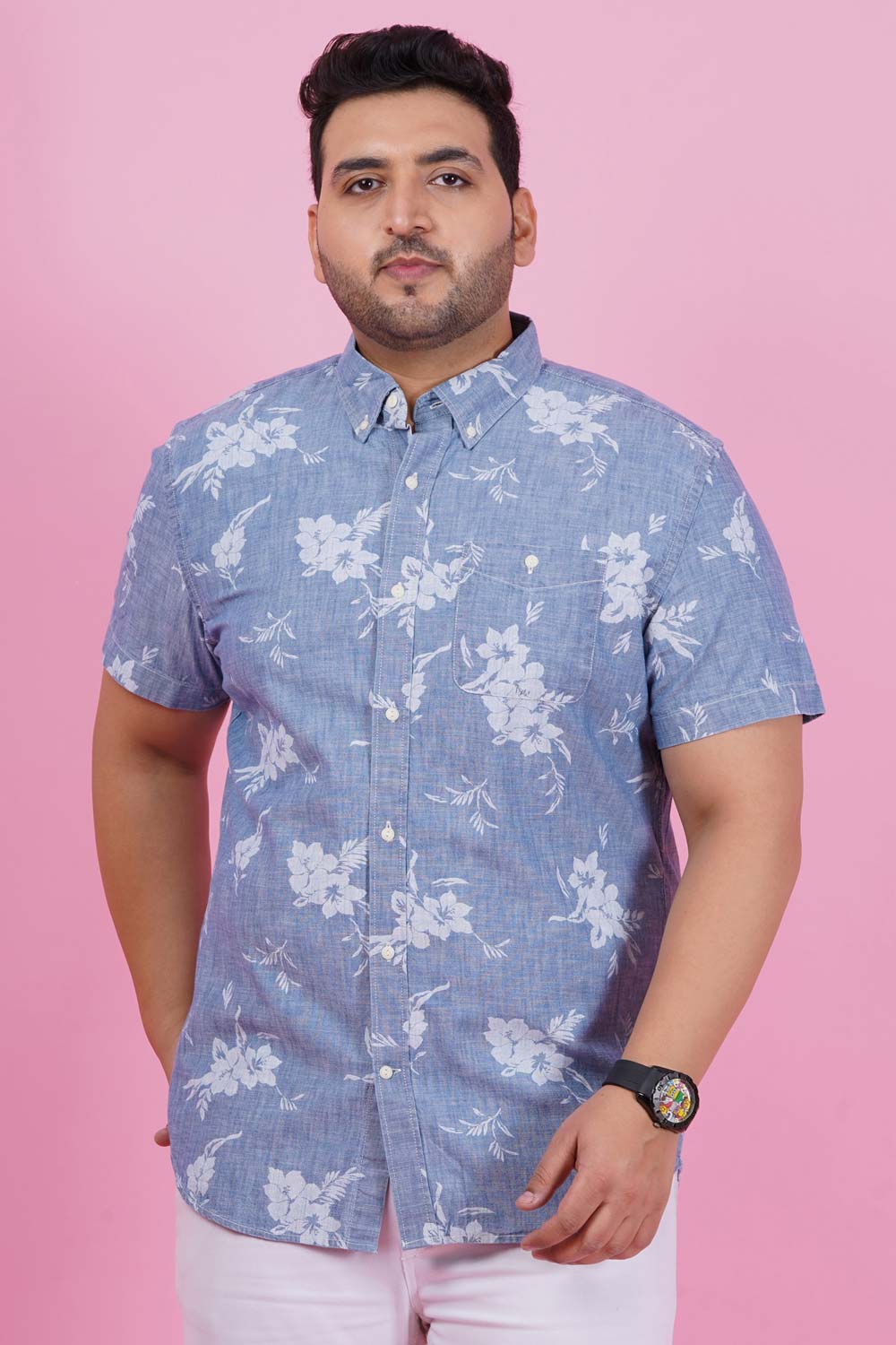 Men Denim Floral Print Half Sleeve Shirt