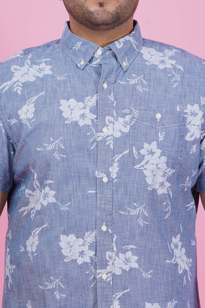 Men Denim Floral Print Half Sleeve Shirt