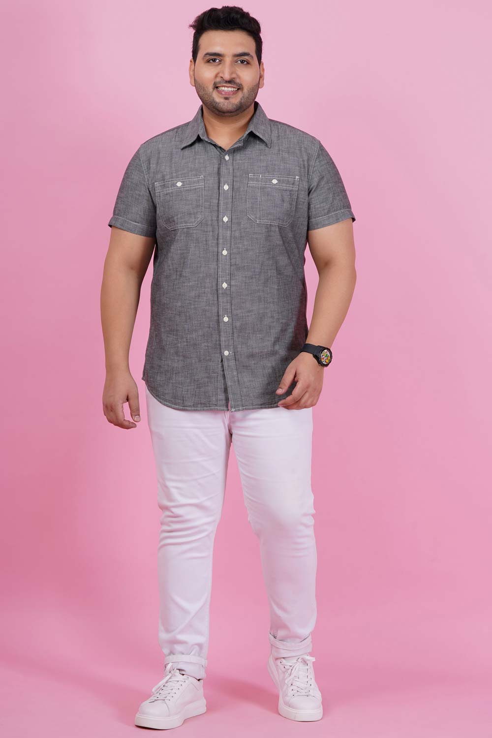 Men Grey Casual Half Sleeve Shirt