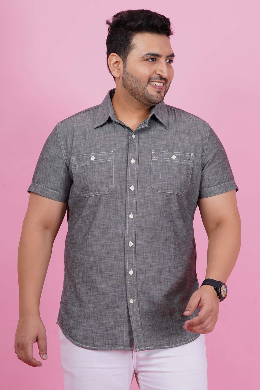 Men Grey Casual Half Sleeve Shirt