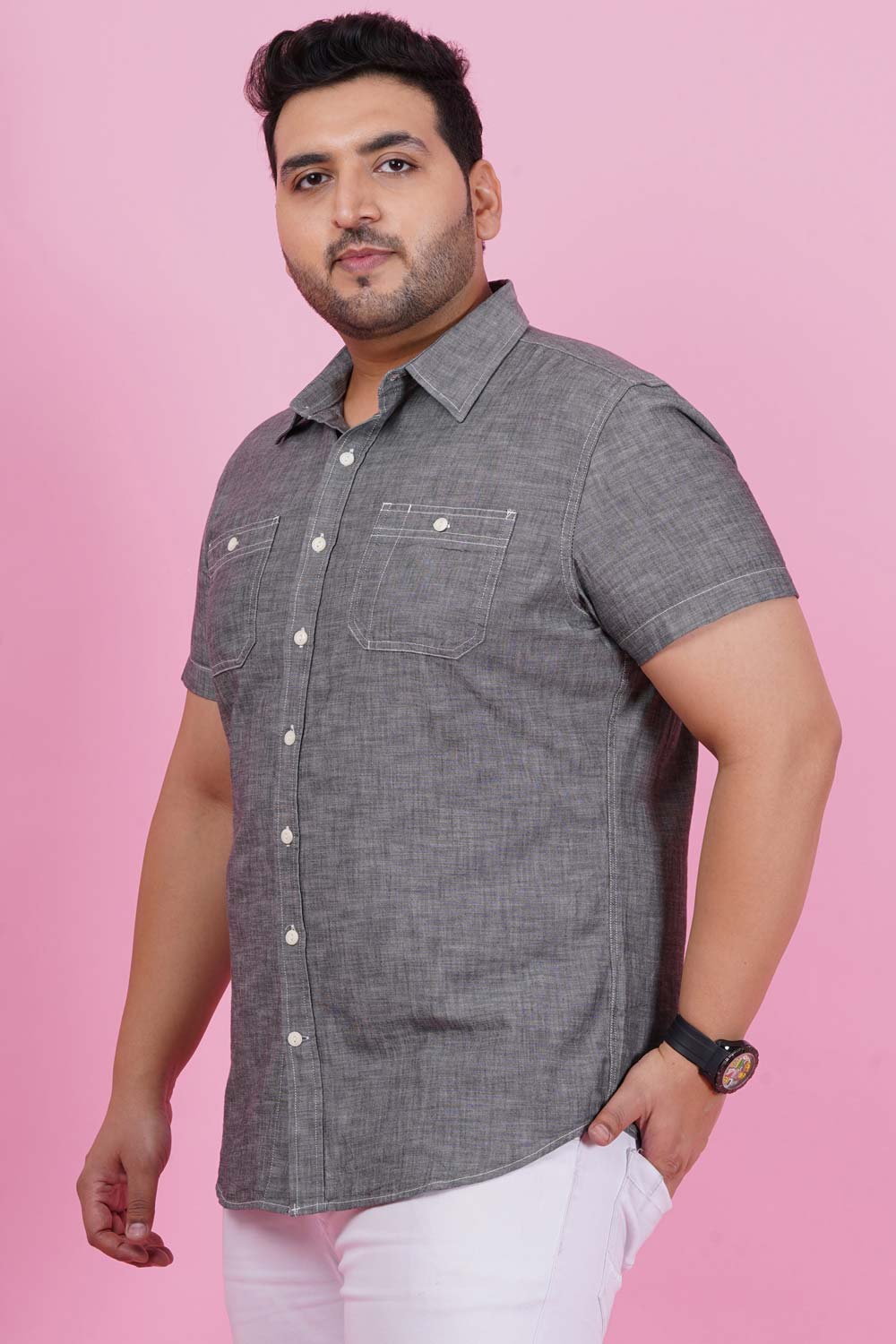 Men Grey Casual Half Sleeve Shirt