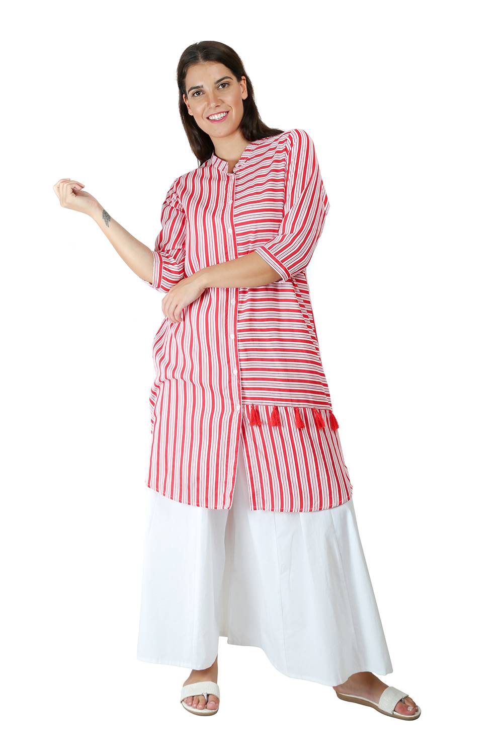 Red-White High Low Shirt Kurti3