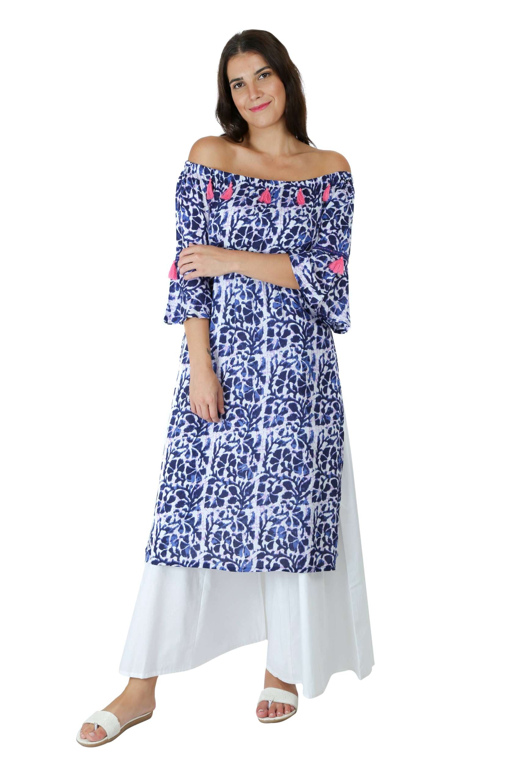 Blue Printed Off Shoulder Kurti2