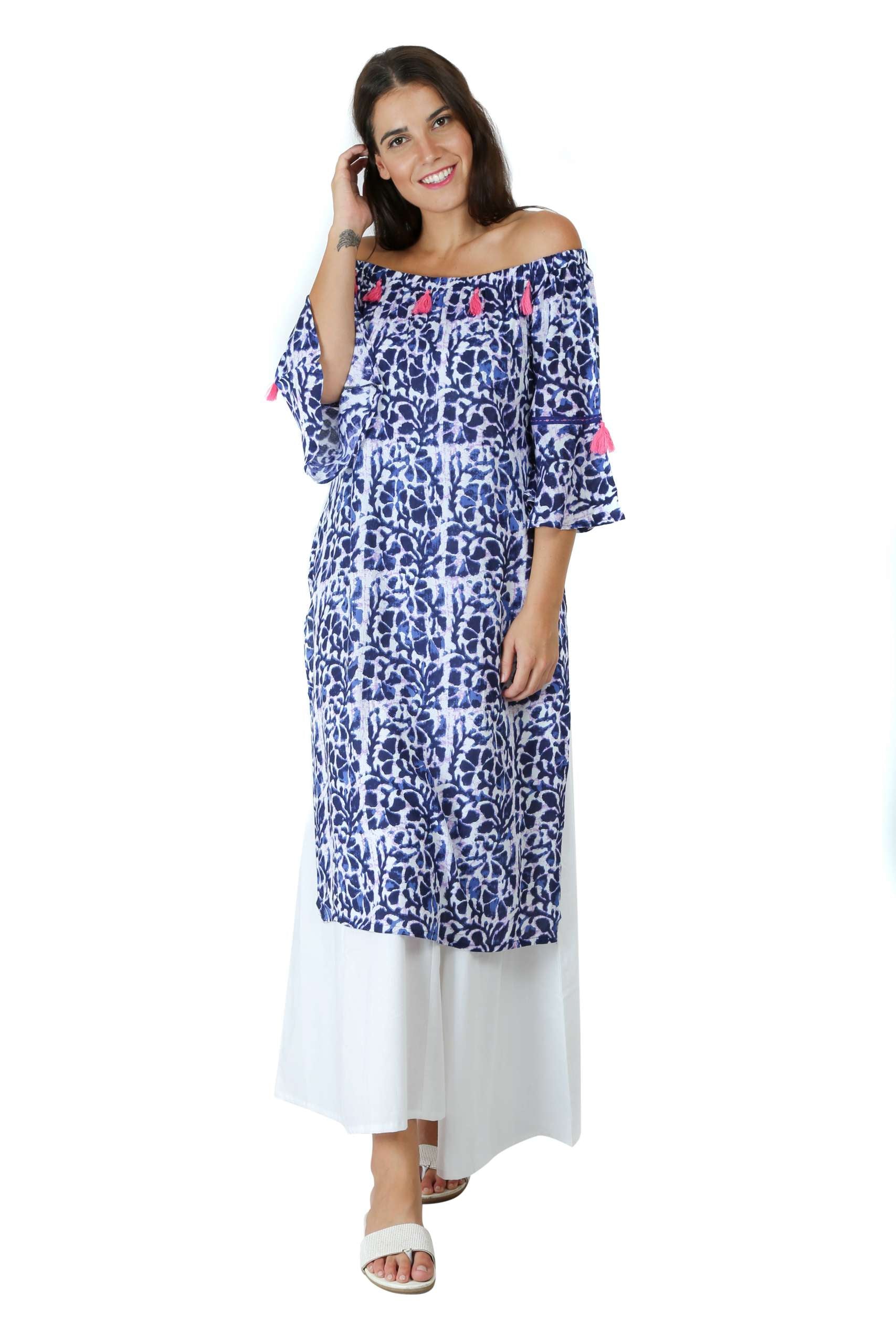 Blue Printed Off Shoulder Kurti3