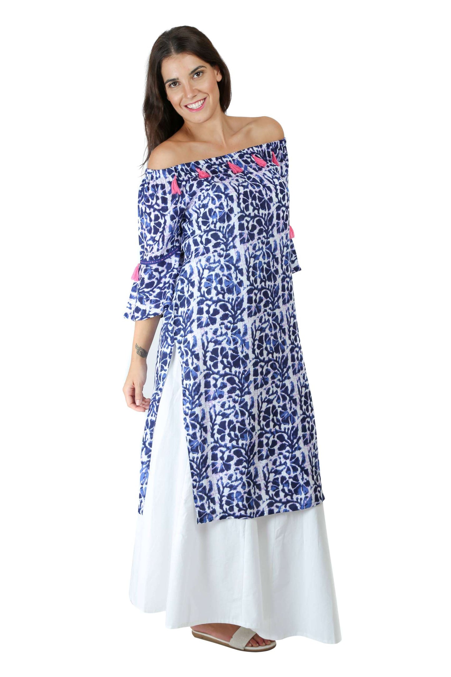 Blue Printed Off Shoulder Kurti4