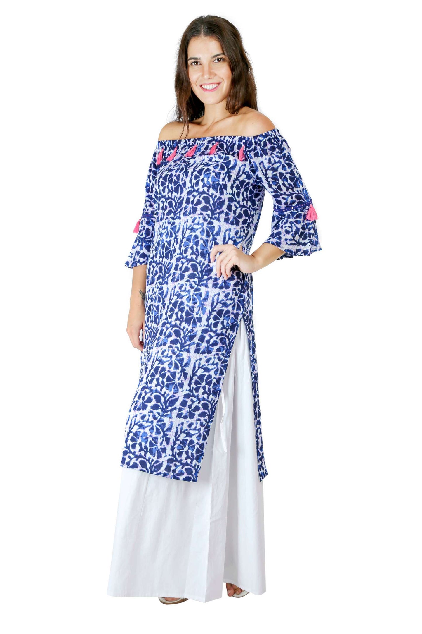 Blue Printed Off Shoulder Kurti5