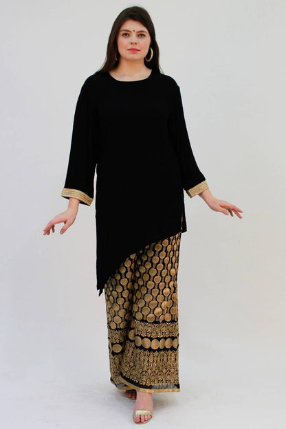 Black Asymmetric Kurta With Embroidered Palazzo