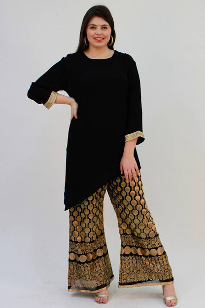 Black Asymmetric Kurta With Embroidered Palazzo