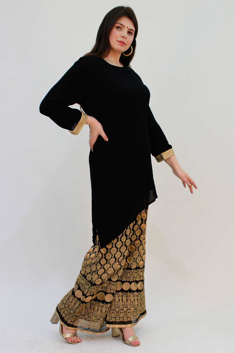 Black Asymmetric Kurta With Embroidered Palazzo