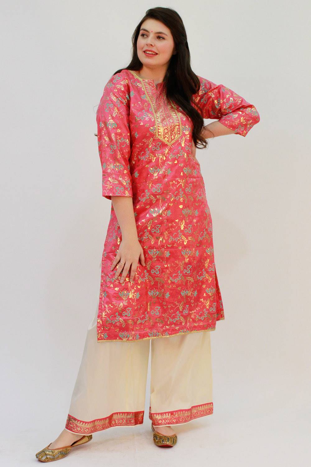 Pink Foil Print Kurta With Palazzo