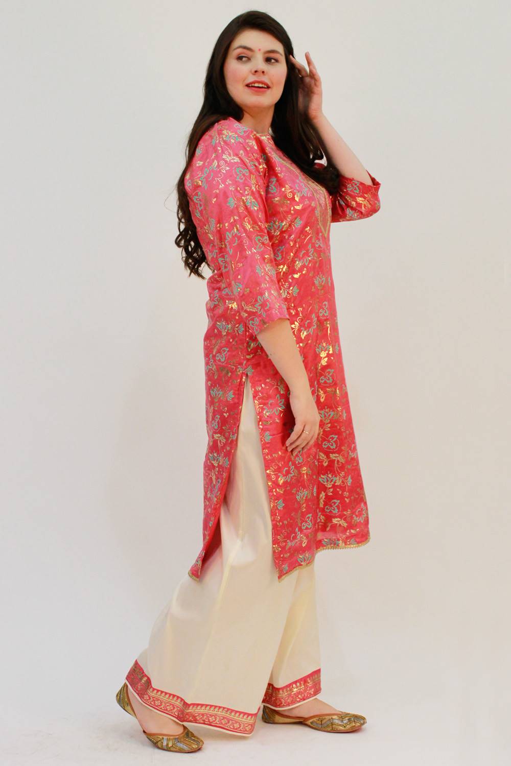 Pink Foil Print Kurta With Palazzo