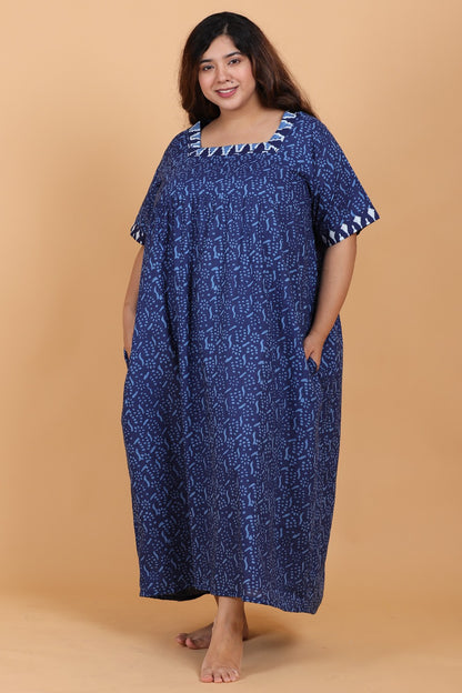 Blue Printed Maxi Night Dress