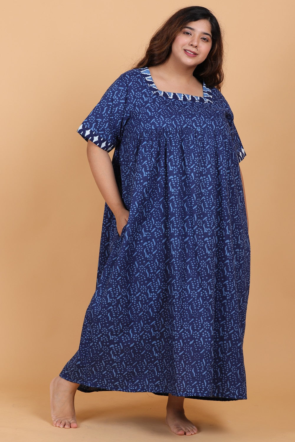 Blue Printed Maxi Night Dress