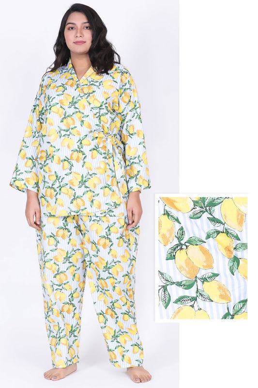 Plus Size Fresh Lime Printed Robe-Style Night Suit