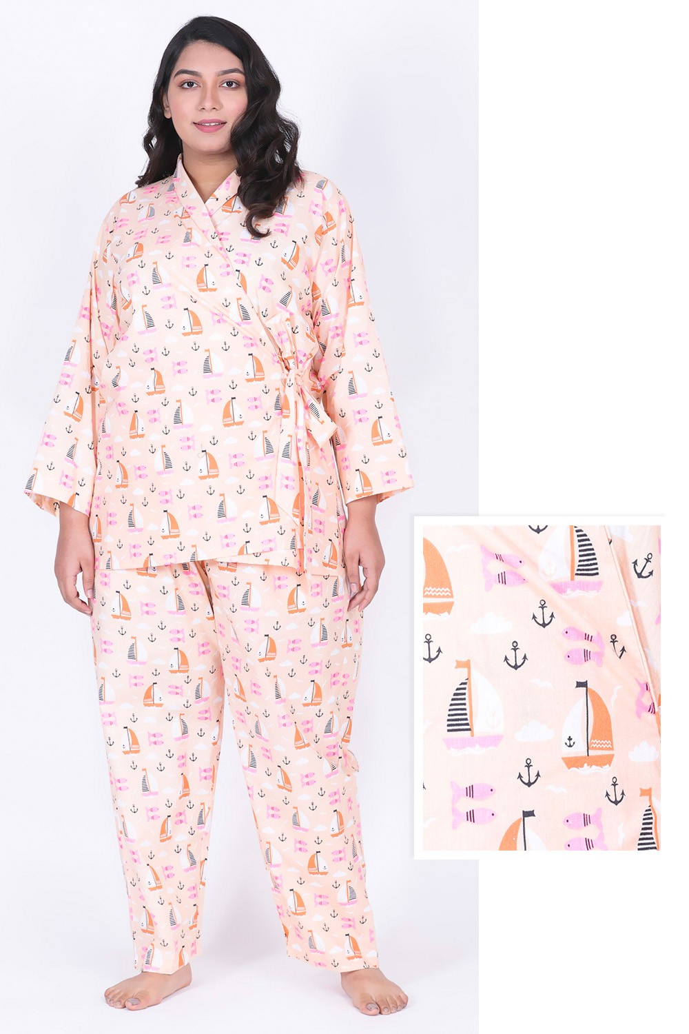 Plus Size Peach Printed Robe-Style Night Suit