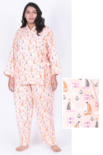 Plus Size Peach Printed Robe-Style Night Suit