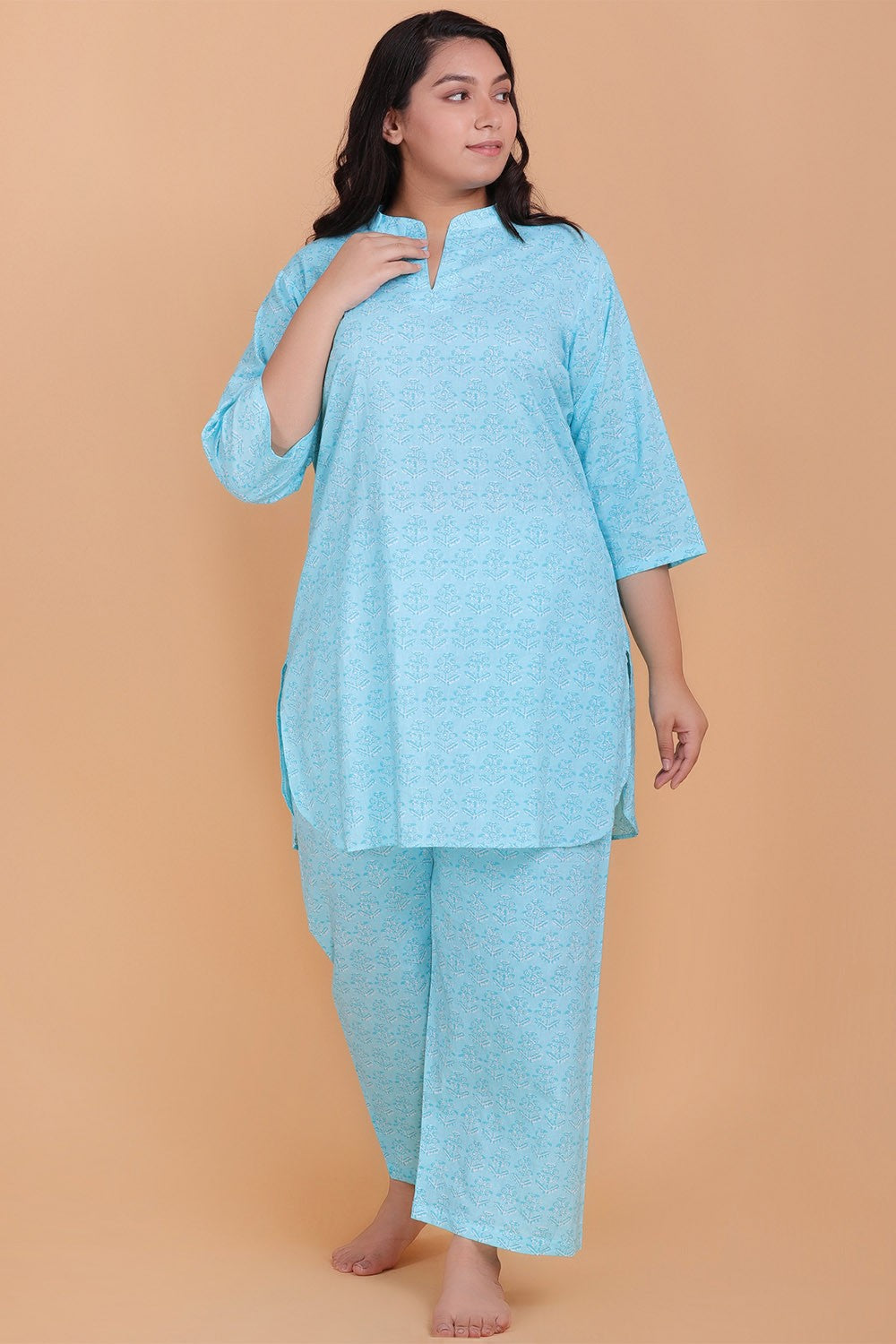 Plus Size Cotton Light-Blue Printed Night Suit Set