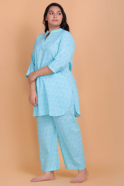 Plus Size Cotton Light-Blue Printed Night Suit Set