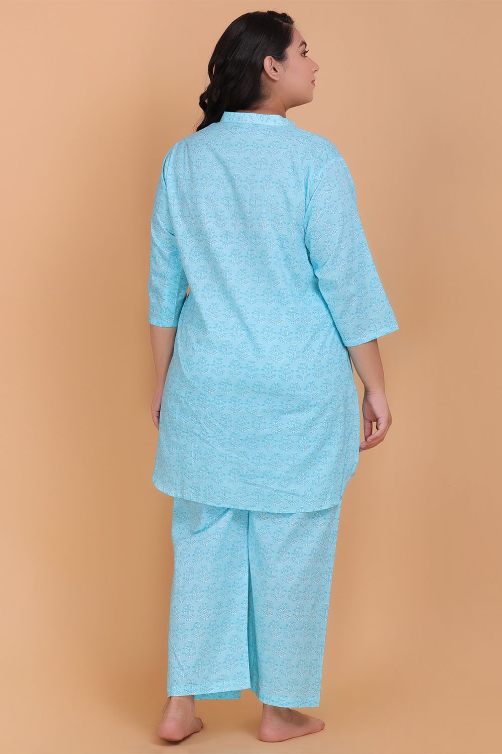 Plus Size Cotton Light-Blue Printed Night Suit Set