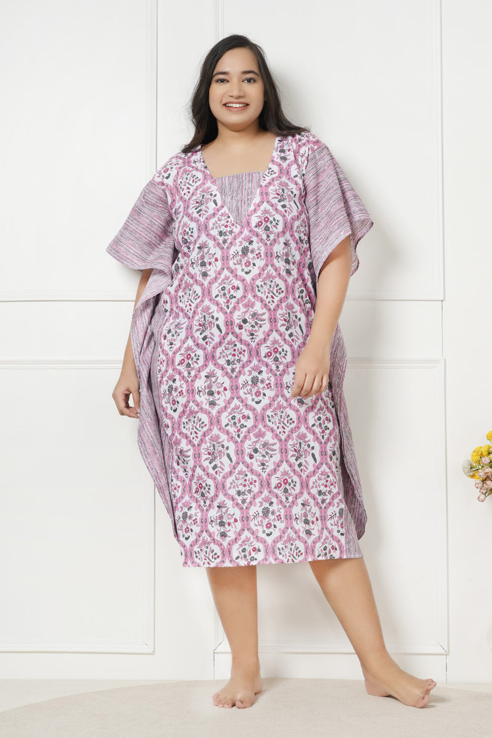 LastInch Plus Size Floss Floral Print Kaftan Maxi Night Dress