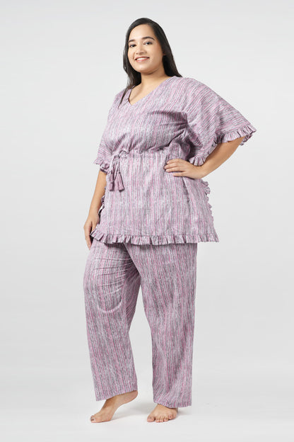 Pink Stripes Cotton Kaftan Night Suit Set