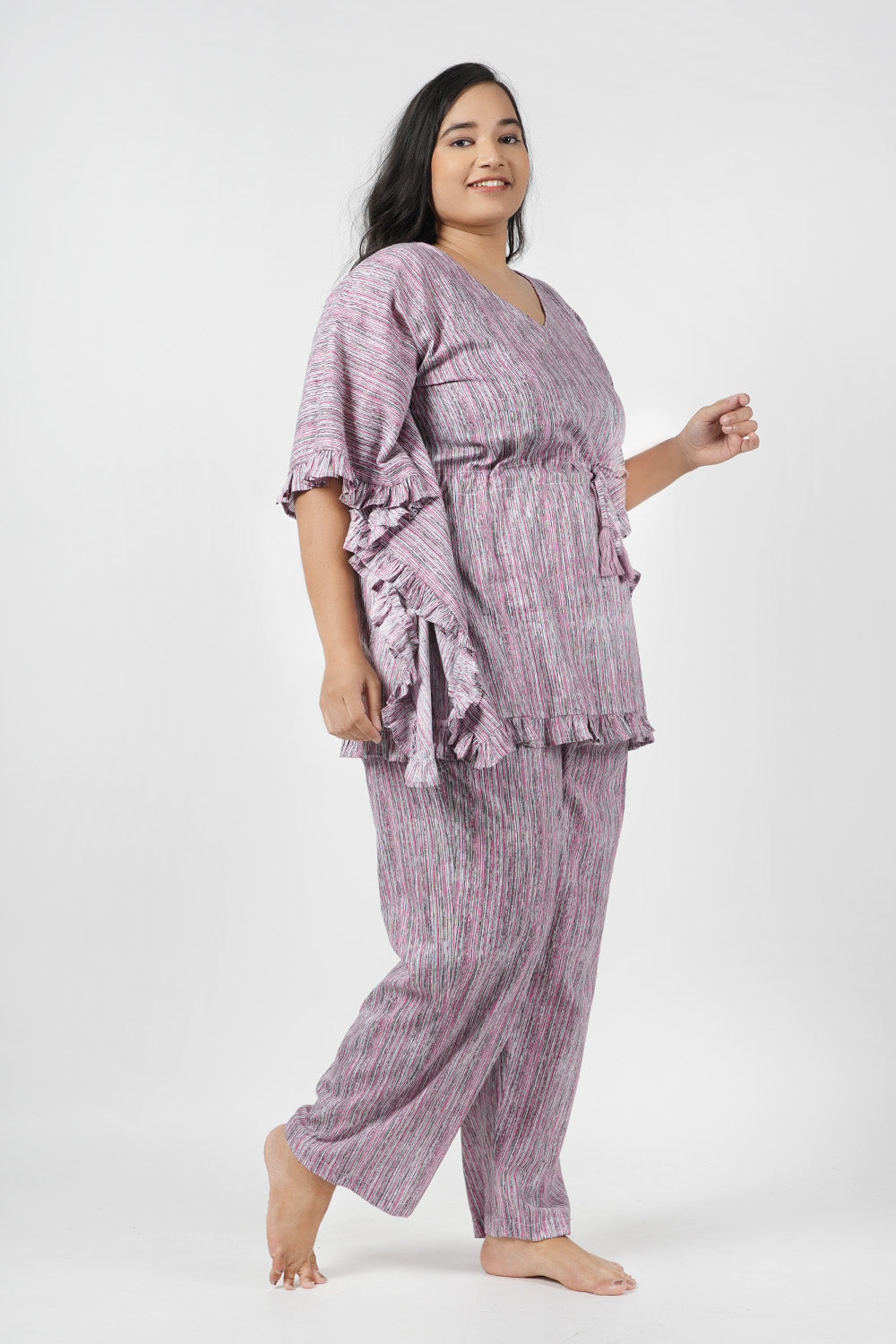 Pink Stripes Cotton Kaftan Night Suit Set