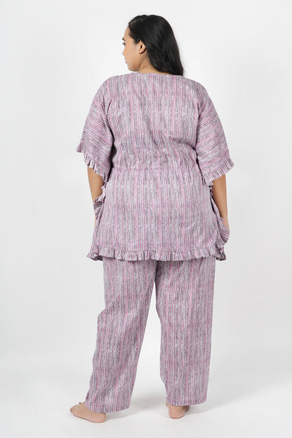 Pink Stripes Cotton Kaftan Night Suit Set