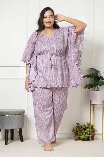 Pink Stripes Cotton Kaftan Night Suit Set