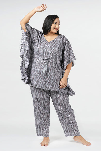 Greyish Stripes Kaftan Night Suit Set