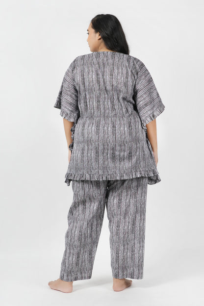 Greyish Stripes Kaftan Night Suit Set