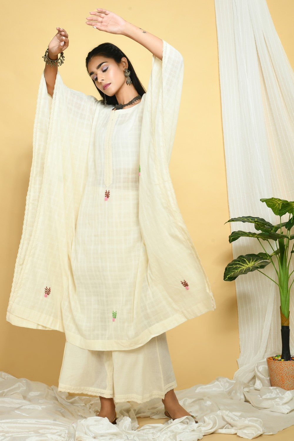 Hand Embroidered Ivory Cotton Dobby Kaftan &amp; Palazzo Set