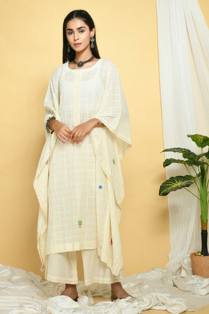 Hand Embroidered Ivory Cotton Dobby Kaftan &amp; Palazzo Set