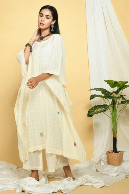 Hand Embroidered Ivory Cotton Dobby Kaftan &amp; Palazzo Set