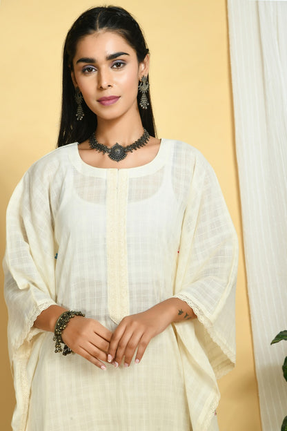 Hand Embroidered Ivory Cotton Dobby Kaftan &amp; Palazzo Set