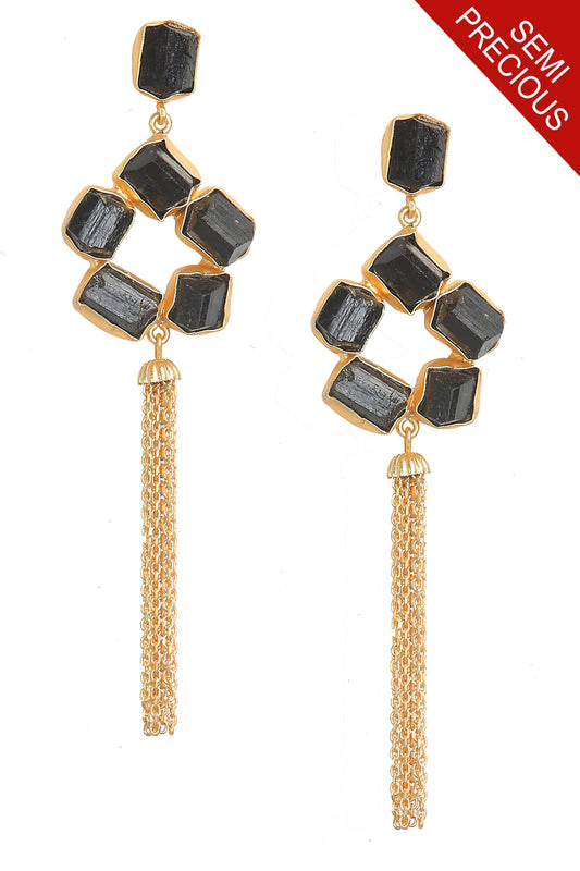 Black Stone Tassel Earrings